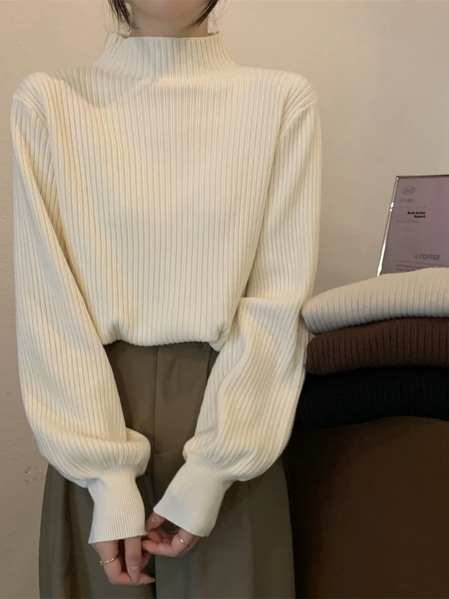 

Loose Fit Thickened Half High Collar Women's Sweater Autumn Winter Warm Inner Wear Base Layer Soft Cotton Knitted Top