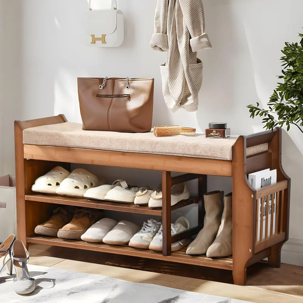 

Shoe Cabinet , 2 Tier Shoes Storage Bench Organizer, 39.4" Bamboo Shoes Rack Bench with Storage, Shoe Cabinets