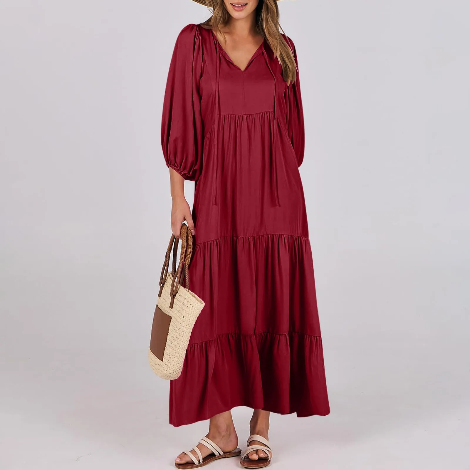 Chic Puff Sleeve Boho Maxi Dress Summer Solid Color Lazy Style Loose Casual Style Vacation Drawstring V-Neck Long Beach Dresses