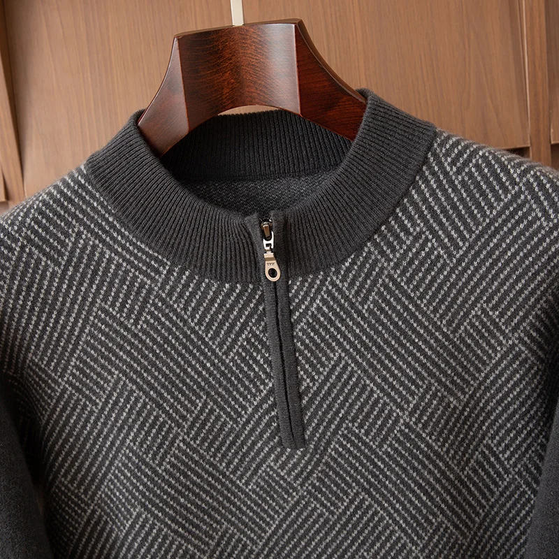 Autumn and Winter Men's Half-height Zipper Neck Thickened Sweater Jacquard Sweater Wool Business Sweater