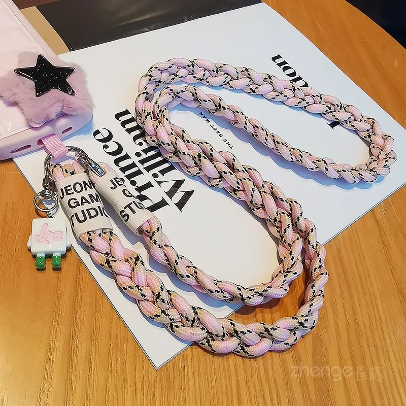 Colorful Woven Three Strand Ponytail Mobile Phone Lanyard with Cute Mahjong Pendant Decoration Crossbody Strap Universal Phone