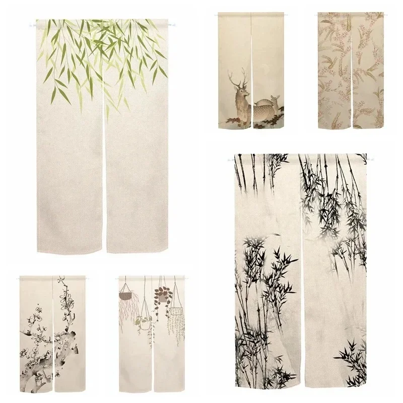 VIKAMA Nature Tree Noren Door Curtain Green Forest Tree Print Linen‑Texture Fabric Home Room Partition Decor