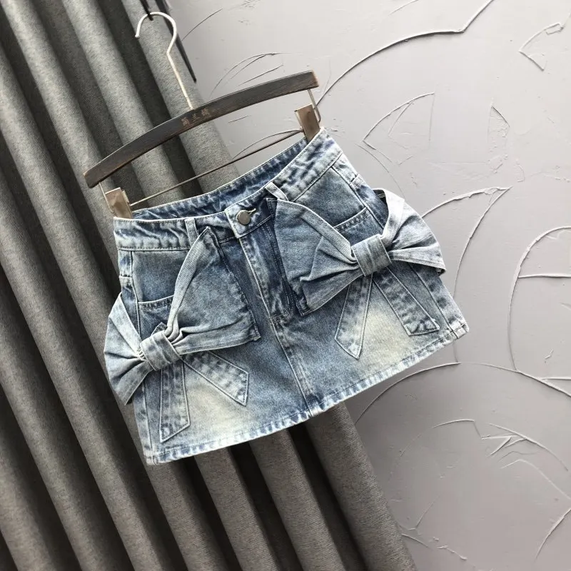 Blue Butterfly Knot High Waist Denim Mini Skirt for Women Spring Summer Fashion Age-Defying Versatile A-Line Half-length юбка