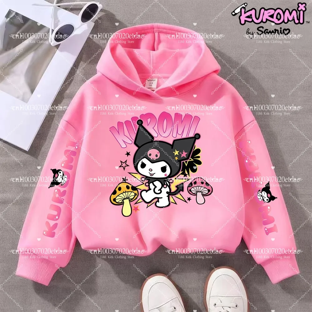 الفتيات الكرتون لطيف سانريو كورومي مطبوعة بأكمام طويلة بلوزات الاطفال المراهقين الخريف والشتاء موضة الدافئة الصوف مقنعين البلوز