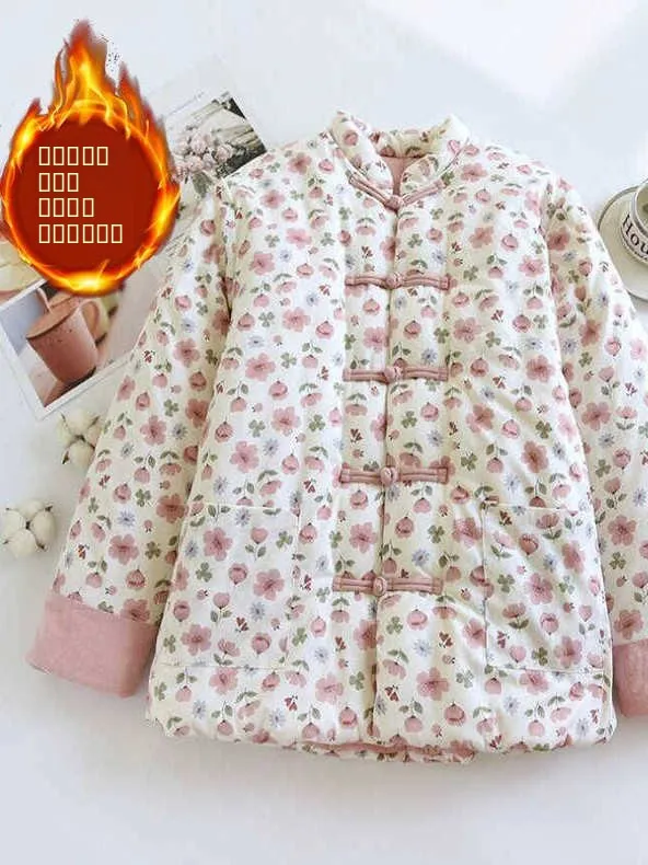 

Thiened Floral Cotton Jaet Women's Loose Outerwear Retro Sle Buttoned Cotton Clothes Autumn Winter New Arrival