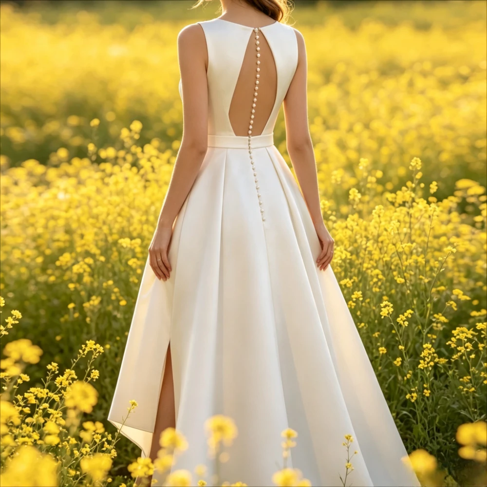 Customized Satin Sleeveless Wedding Dress Open Back Pearl Button A Line High Low Bridal Gown Elopement Custom Size Bride Attire