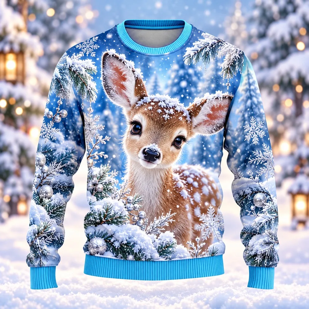 2026 Winter Fawn Ugly Christmas Sweater for Men Women Festive Holiday Party Crewneck Pullover Long Sleeve Funny Gift Sweaters