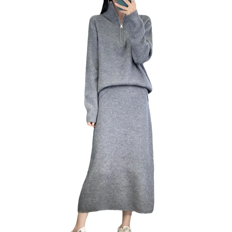 Outono e inverno novo meio zíper gola alta camisola + moda malha meia saia conjunto de duas peças e12220
