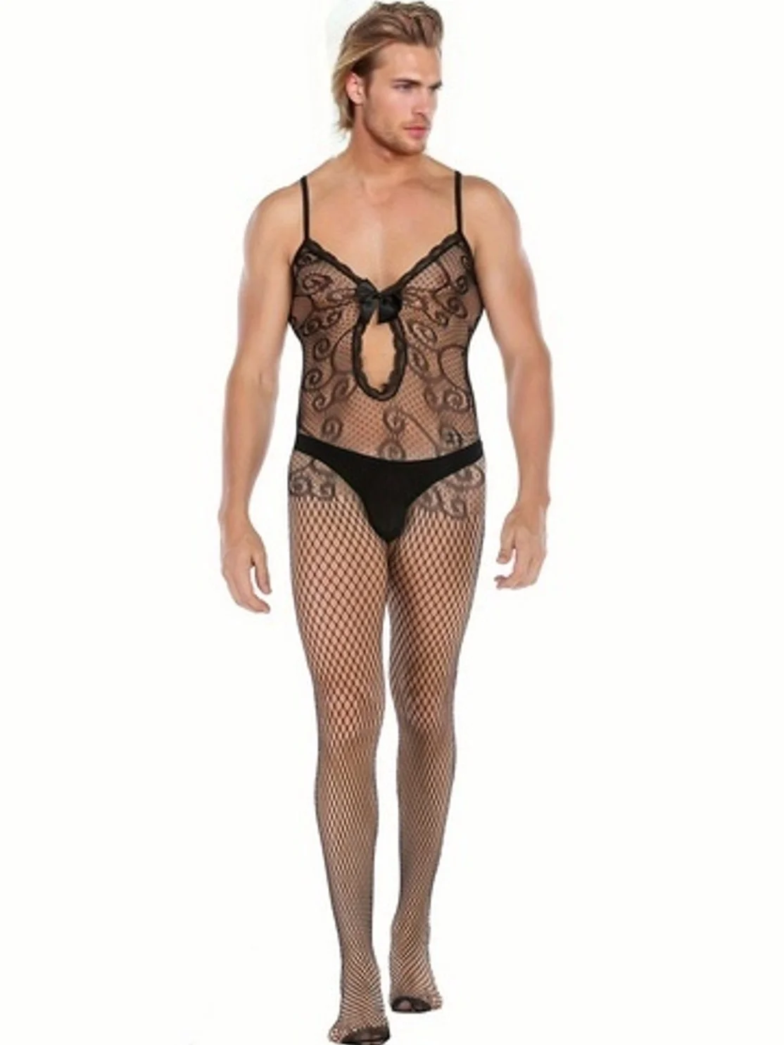 

Men's Sexy One-Piece Suit with Lace Trim Garter Open-Crotch Costume Invitation Net Stockings Sleepwear for Special Occasions