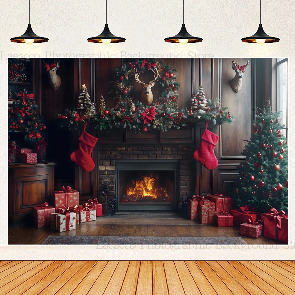 Christmas Fireplace Photography Backgrounds Teddy Bear Xmas Tree Stocking Family Holiday Party Decor Photo Studio Prop Photocall