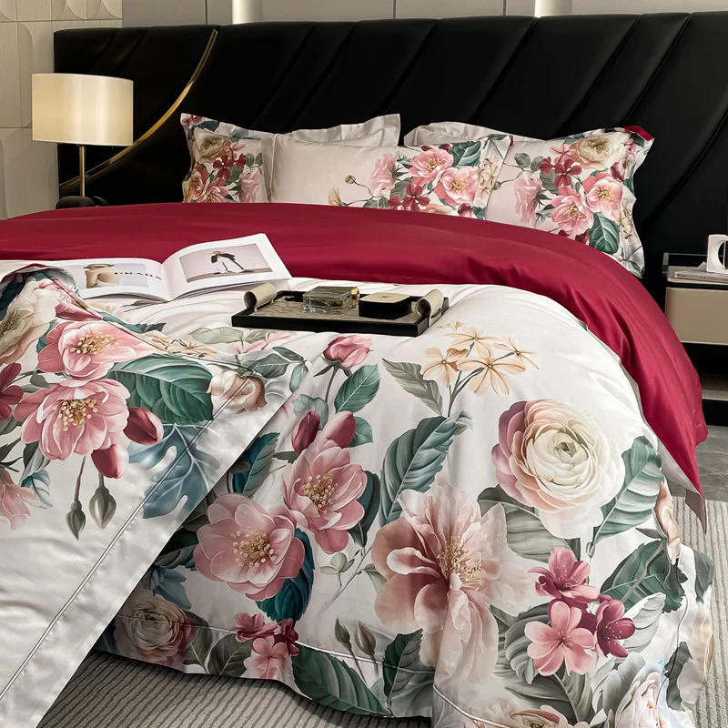 High Definition Flowers Printing Bedding Sets Luxury 4pcs Egyptian Cotton Duvet Cover Bed Sheet Pillowcases King Queen Size