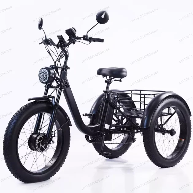 20 Inch 7 Speed Blue Basket Electric Assist Trike, Iron Frame Snow & Land Versatile Pedal Electric Cargo Tricycle
