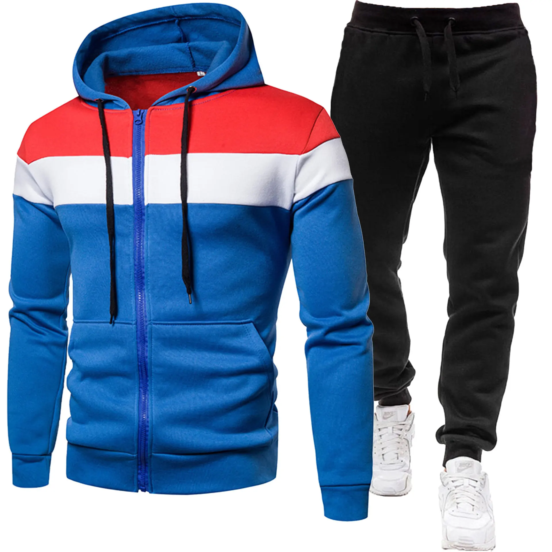 

2025 Spring and Autumn New Men Fashion Zipper Color Blocked Hoodie Set Outdoor Leisure Sports Loose Large Two Piece Set