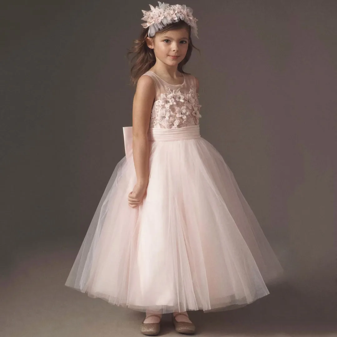 Maßgeschneiderte Blumenmädchenkleider aus rosa Tüll mit Blumenmuster und Schleife für Hochzeit, Geburtstag, Party, Abschlussball, Heilige Kommunion, Bankettkleid
