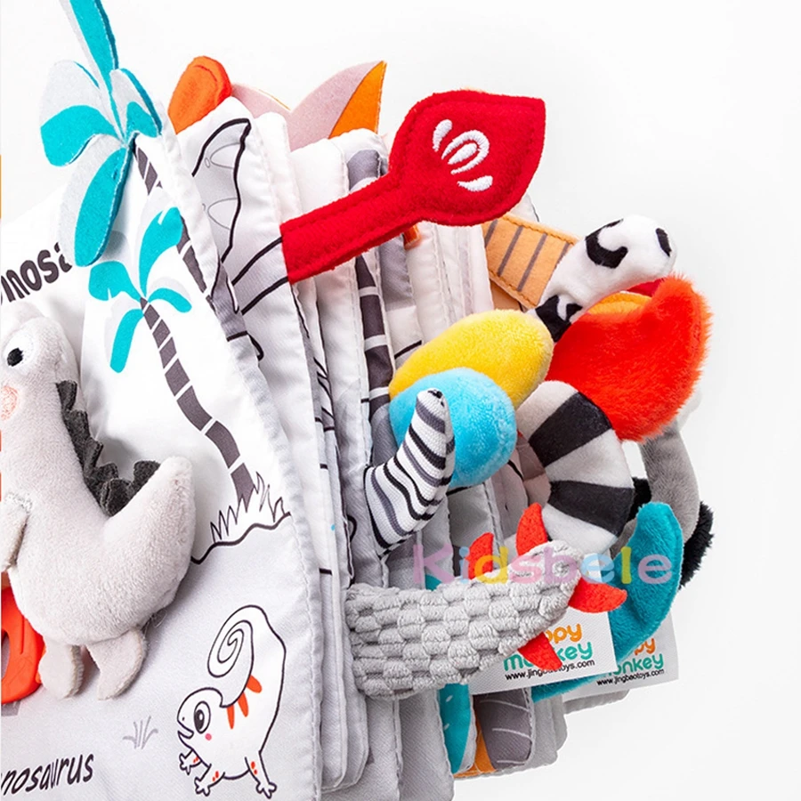 Livre en tissu doux pour bébé avec queue d'animal, livre d'activités sensorielles froissées pour nourrissons, jouet de poussette de berceau d'apprentissage précoce pour 3 à 12 mois