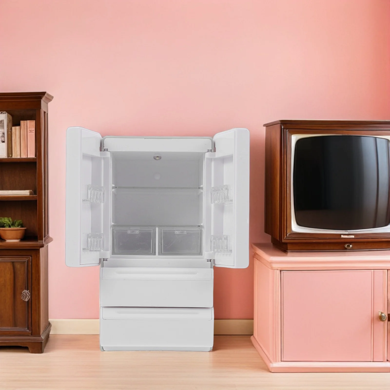 Maison de poupée Miniature réfrigérateur blanc Double porte Mini réfrigérateur éclairage semblant jouer cuisine réfrigérateur stockage pour les enfants