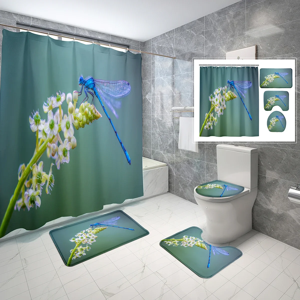 4 Pcs Dragonfly Shower Curtain Sets Flower Summer Blue Insect Non-Slip Bath Mat Waterproof Shower Curtain Toilet Cover Sets