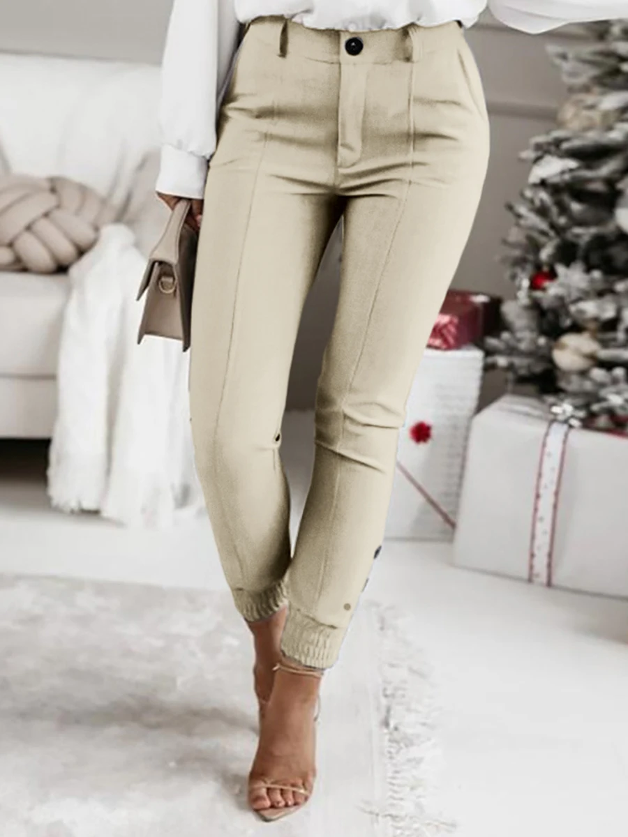 Elegant Khaki High Waisted Trousers for Women Casual Solid Slim Fit Elastic Hem Cuffed Pencil Pants Joggers Office Streetwear