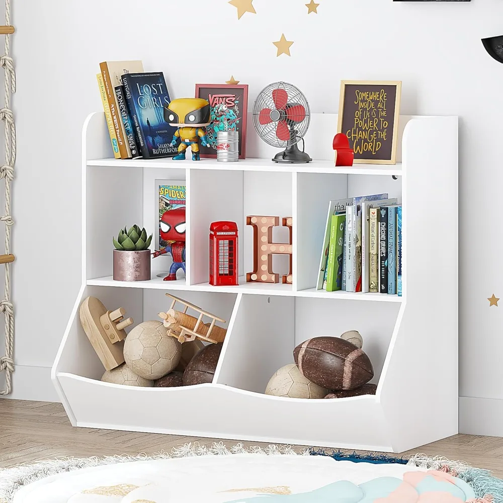 

Kids Toy Storage Organizer with Bookshelf Multi Shelf Cubby for Playroom Bedroom White