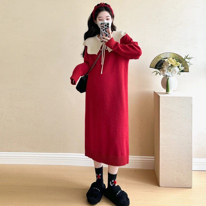 Maternity Long Sleeve Dress Autumn Winter Peter Pan Collar Loose Soft Comfortable