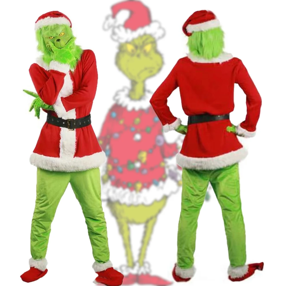 Рождественские семейные костюмы для косплея Grinchy Green Monster, милый наряд для ролевых игр, комбинезон для дня рождения, пижама на Хэллоуин