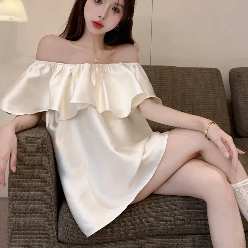 Puro estilo hong kong solto de uma letra gola de folha de lótus camisa de cetim temperamento high-end versátil quente menina topo