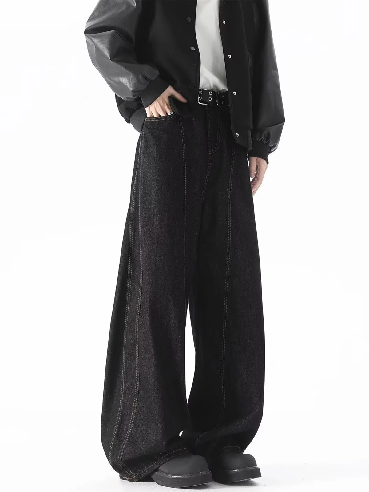 الأمريكية Sle خمر فضفاض عادية واسعة الساق مستقيم قطع طويل الجينز الرجال ربيع الخريف العصرية العلامة التجارية سكين الجينز