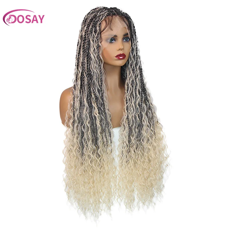 32“ Synthetic Full Lace Front Wigs 613 Blond Boho Box Braided Wig Curly Senegalese Twist Knotless Braided Wigs for Black Women