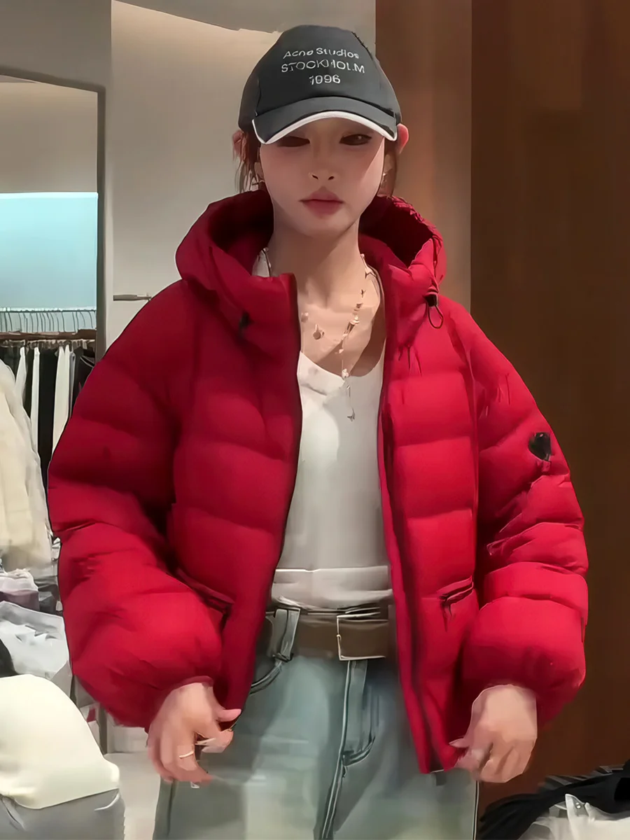 

Red Du down Puffer Jaet Women's Casual Loose Fit Hooded Warm White Du Feather Coat Faionable Winter Outerwear