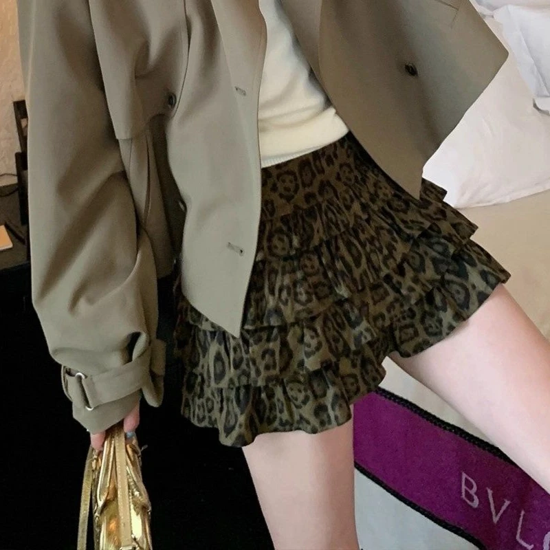 تنورة على شكل حرف A بطبعة الفهد، فتاة حارة، خصر مرن كاجوال، تنورة كعكة متعددة الاستخدامات، تنورة قصيرة للتخسيس بتصميم كلاسيكي #1