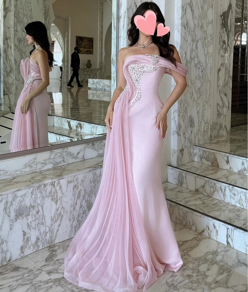 

Customized Temperament Jersey Mermaid Off the Shoulder Crystal Evening Dress Sexy Sleeveless Strapless Floor Length prom dresses
