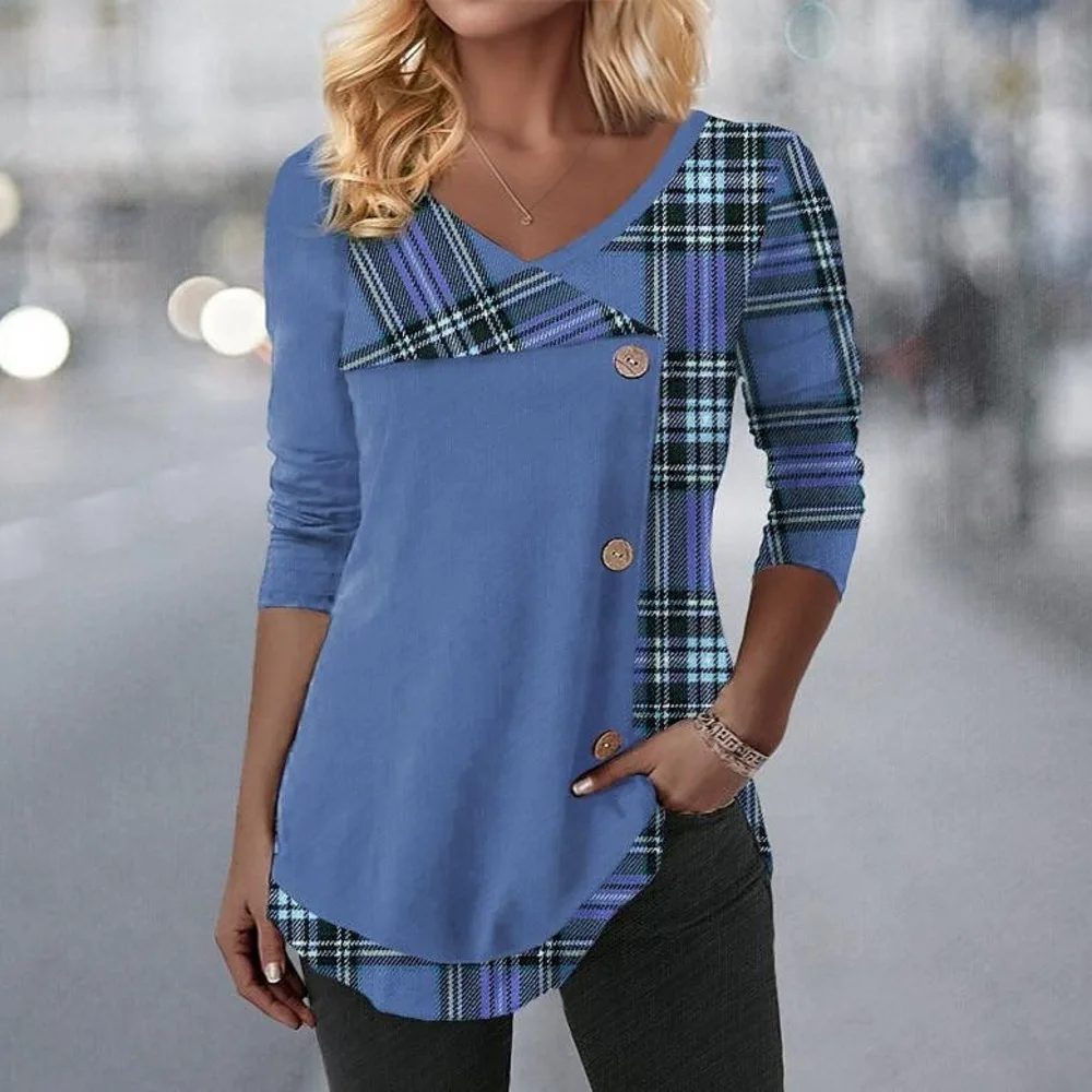 Women polyester top with Vneck and checkered print design suitable for spring summer autumn winter daily occasions
