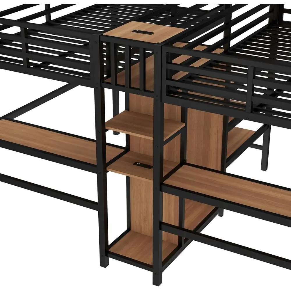 Twin Over Twin Metal Bunk Bed with Desk, Wardrobe, Storage, Charging Station, Noise Reduction, Easy Assembly, Black & Natural Wo view 5