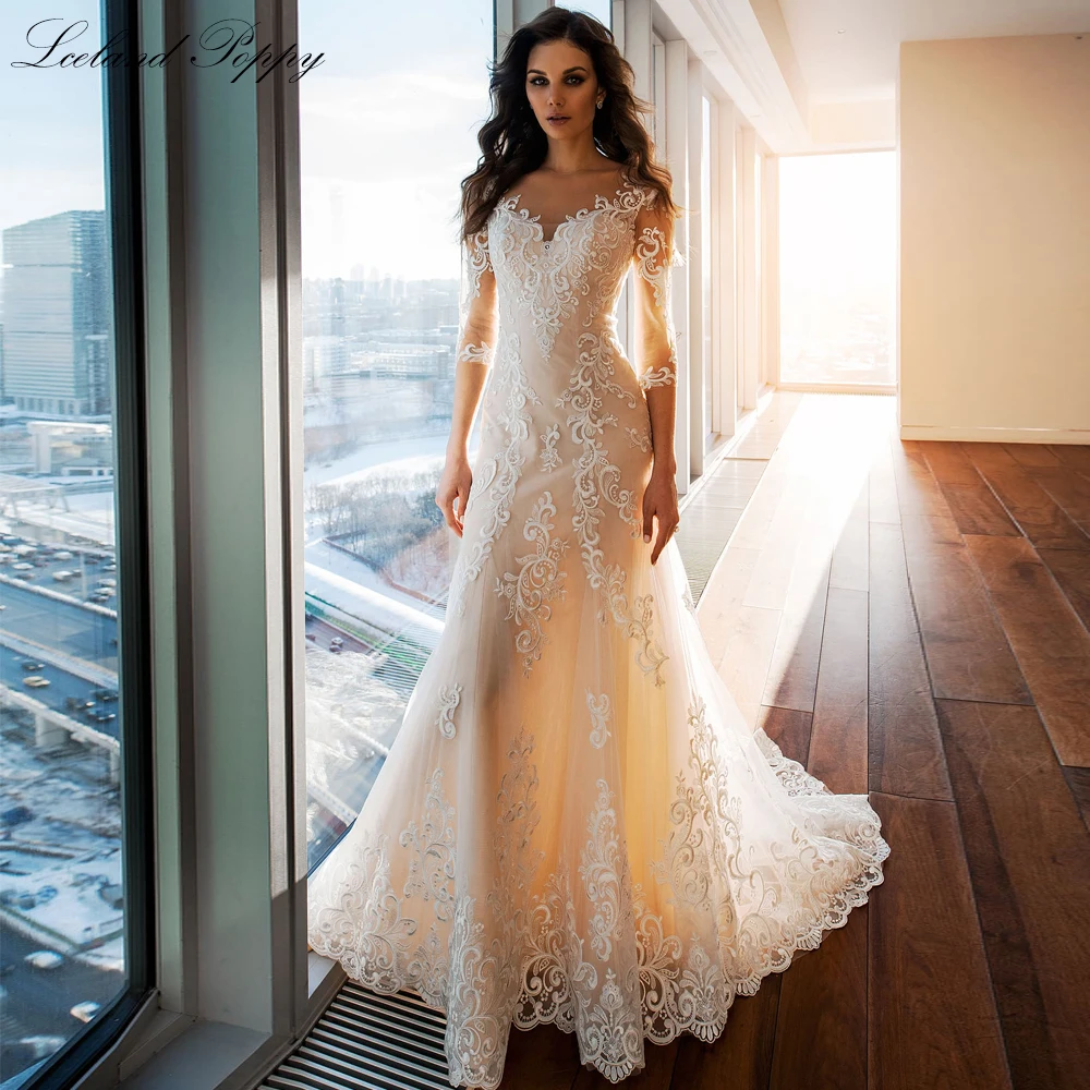 Lceland Poppy Customized Mermaid Lace Appliques Wedding Dresses 3/4 Sleeveles Bridal Gowns with Court Train