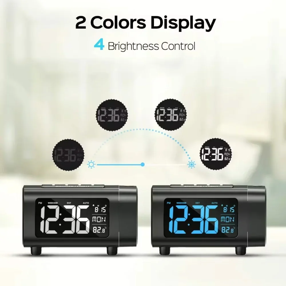 

2025 Radio Projection Alarm Clock Digital Alarm Clock Bedroom Temperature Monitor 4-Level Dimmer 12/24H Table Mute Alarm Clock