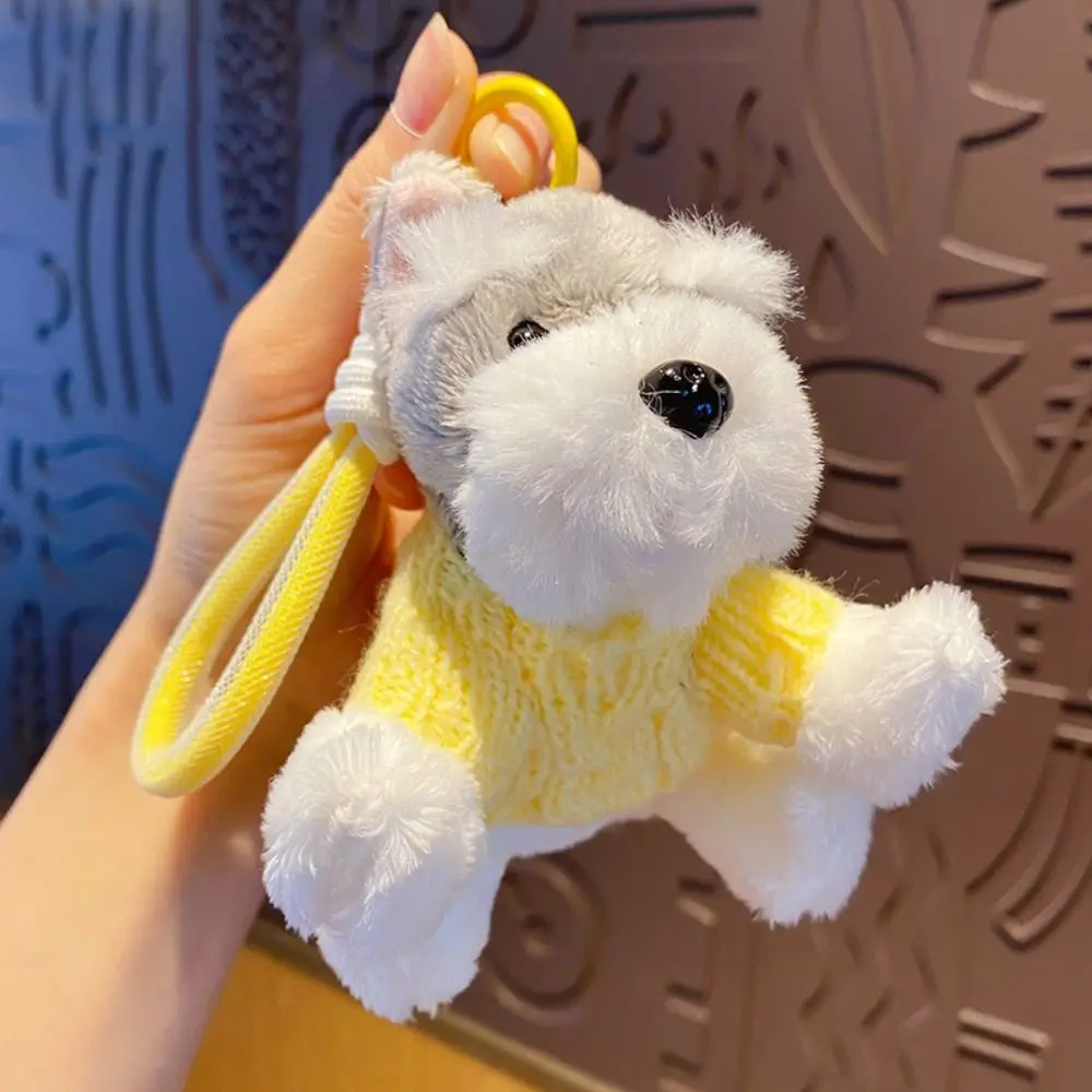 Kawaii Cartoon Plush Schnauzer Keychain Charm Accessory Handbag Pendant Wearing Sweater Puppy Keychain Wearing Purple Sweater