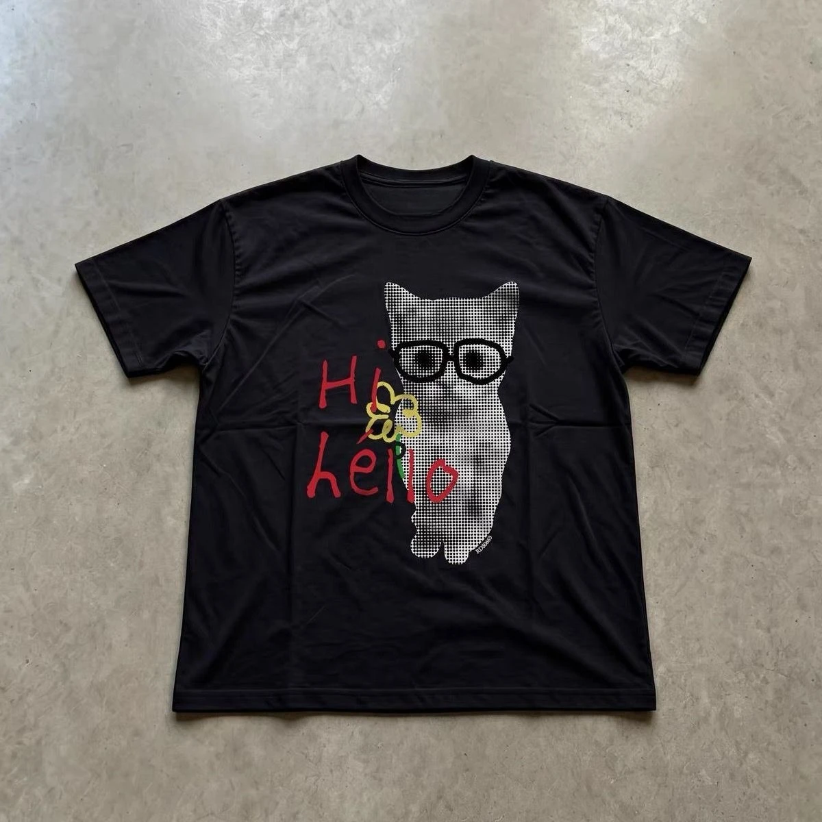 Unisex Fun Graphic T‑Shirt Checkered Cat Glasses Hi Hello Letter Print Short Sleeve Casual Street Summer Daily Top