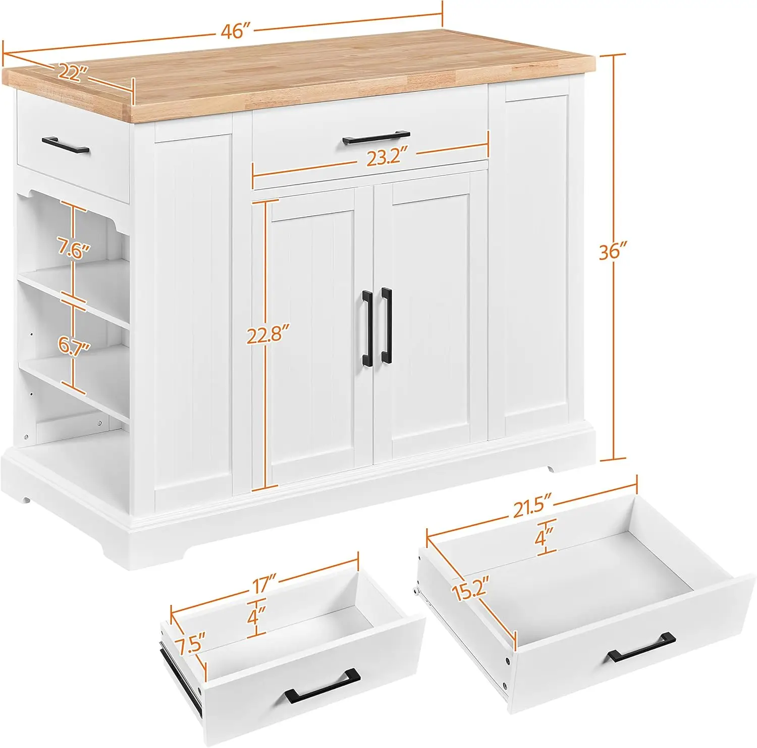 Carrello per isola da cucina con ruote con 3 cassetti, armadio da cucina su ruote con ripiani aperti e ripiani interni regolabili per