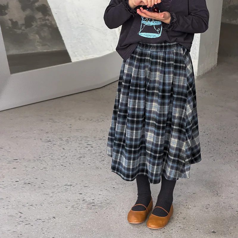 Girls Brushed Checkered Skirt Children's Korean Style Literary and Artistic Style Vintage A-line Checkered Long Skirt