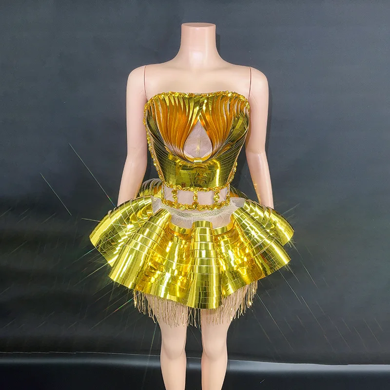 Gold Shinning Women Strapless Sexy Ball Gown Mini 2 Pieces Dress Birthday Party Celebrate Performance Costume Stage Wear