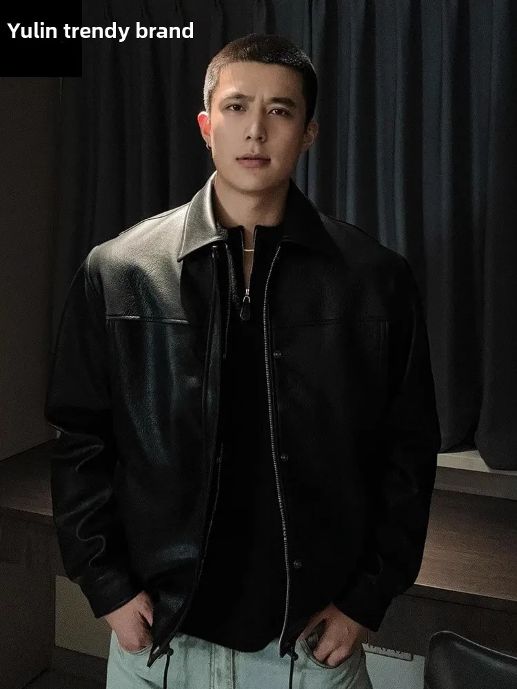 

Bla Biker Leather Jaet ort Sle Men's Faion Brand High-End Feel Autumnal Retro American Baseball Suit Cool Haome