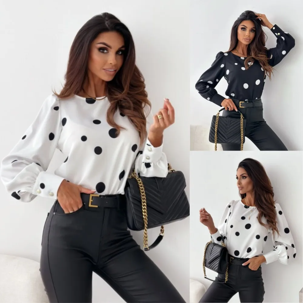 

New Shirt for Women Long Sleeve Polka Dot O-neck Simple Fashionable and Elegant Office Commuting Top White Blouses for Women