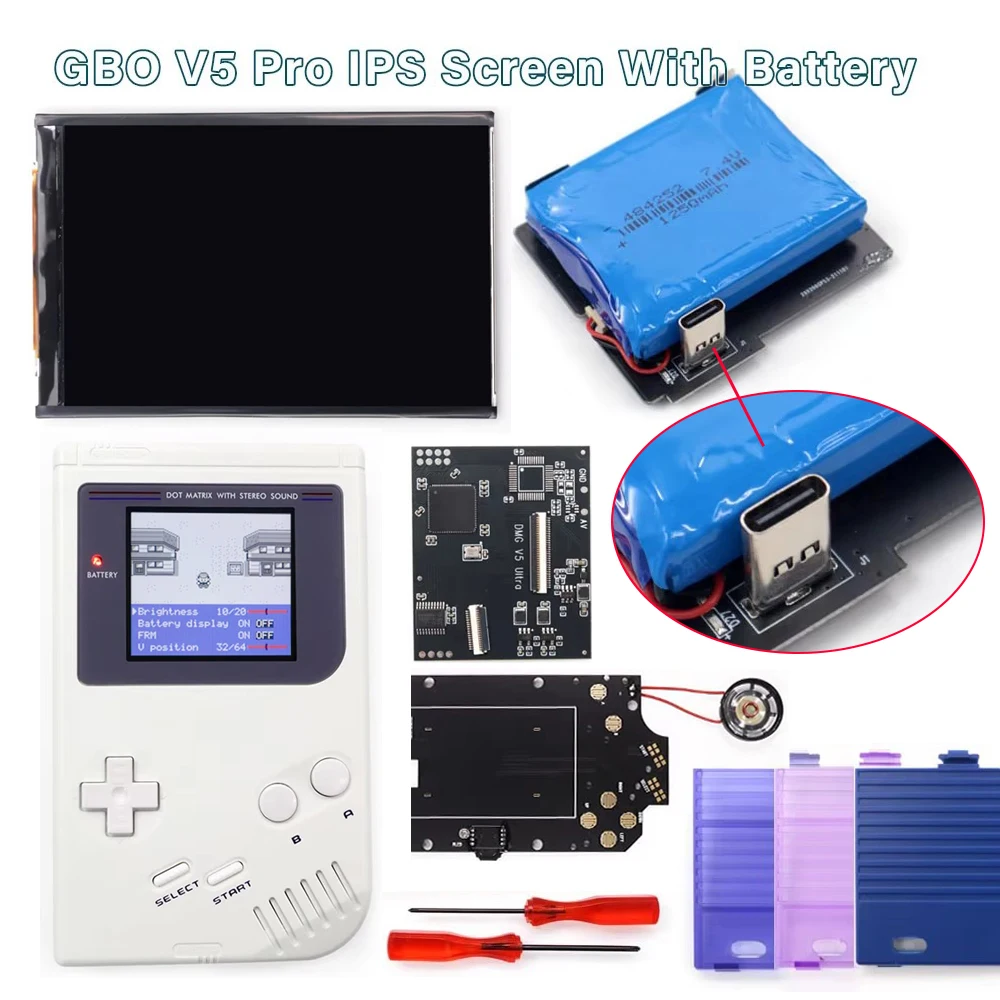 GB DMG IPS V5 Pro LCD-Hintergrundbeleuchtung mit wiederaufladbarem Typ-C-Akku-Bildschirm-Kit FRM OSD-Menü für Game Boy GBO mit vorgeschnittenem Shell-Lautsprecher