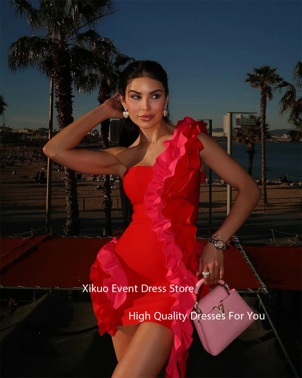 Xikuo Fashion Red Satin Prom Gowns Mermaid Party Vestidos Para Eventos One Shoulder Pleated Cocktail Evening Dresses Customized