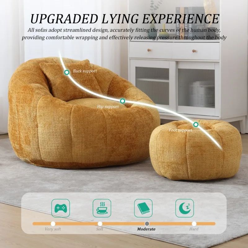 Yellow Corduroy Bean Bag Chair with Ottoman Comfortable Living Room Lounge Chair Soft Single Sofa Home Decor Furniture