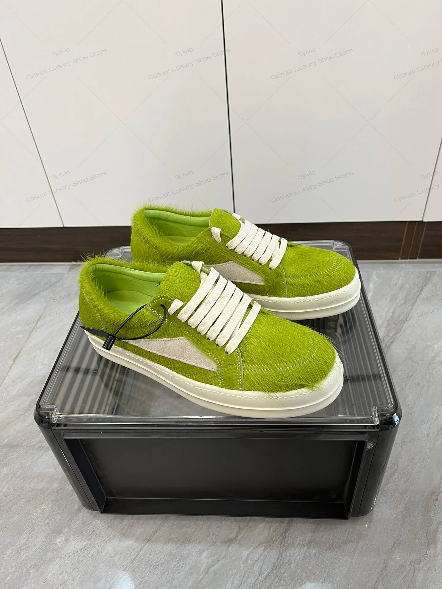 Rick Sneaker Men Owens Luxury Casual Shoe Women Sexy Grass Green Horsehair Fur With White Suede Outside Owens Flat Sneaker Women