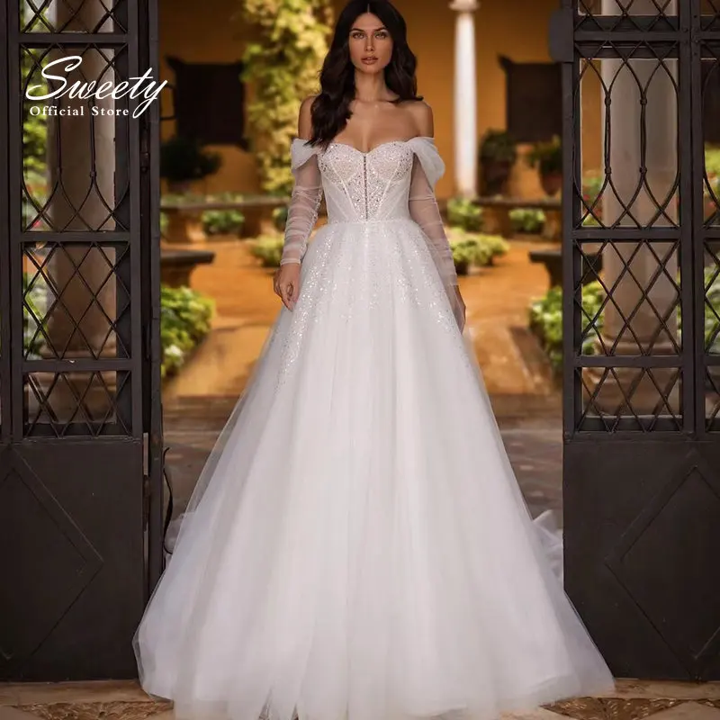 

Luxury Wedding Dress Embroidered With Bead Ballgown Boat Neck Sleeveless Bride A-Line Robe De Mariee Customized Vestido De Novia