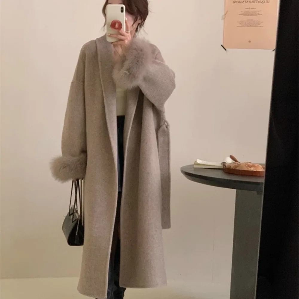 2024 Autumn Winter New Bathrobe Double-sided Cashmere Coat Women Fox Fur Cuffs Long Woolen Coat Real Fox Fur Jacket Female