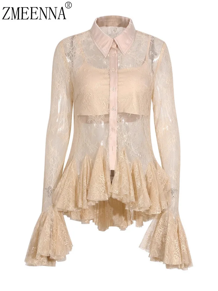 

ZMEENNA Women's Sheer Lace Ruffle Blouse With Bell Sleeves And Button Down Design Fashionable And Transparent ZM3806