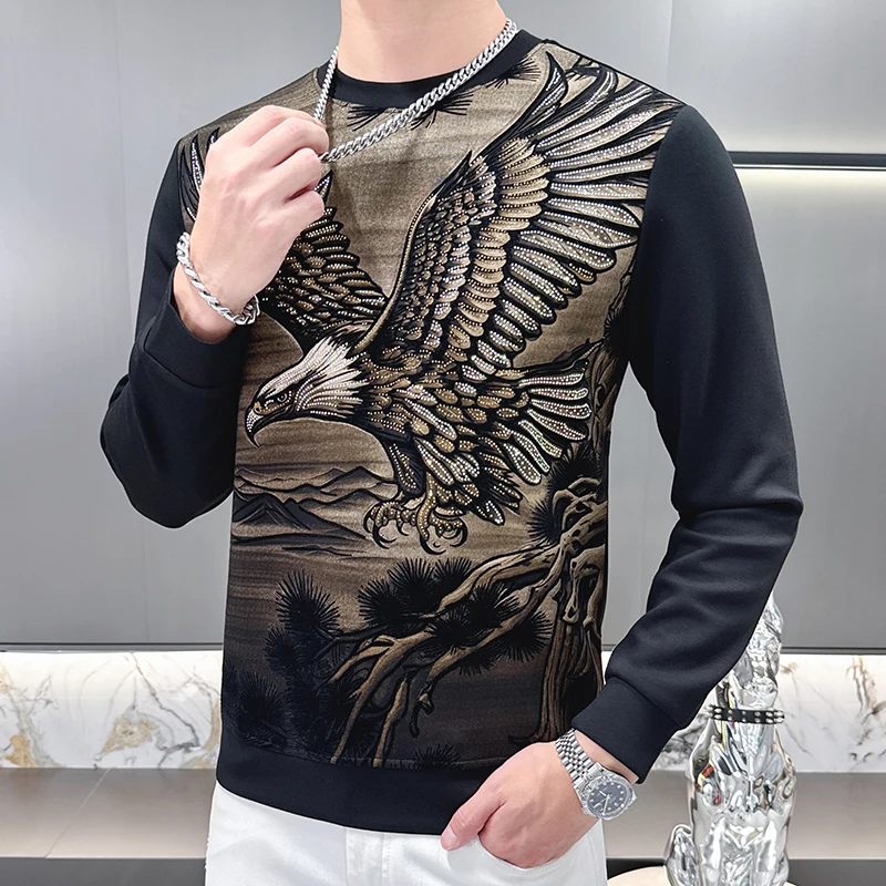 Eagle Print Pullover T Shirt For Men Long Sleeve Youth Streetwear Autumn New Quality Polyester Blends Trendy Camisetas De Hombre